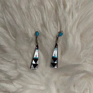 100% Sterling Silver, Turquoise, Shell Inlay Zuni Dangle Earrings